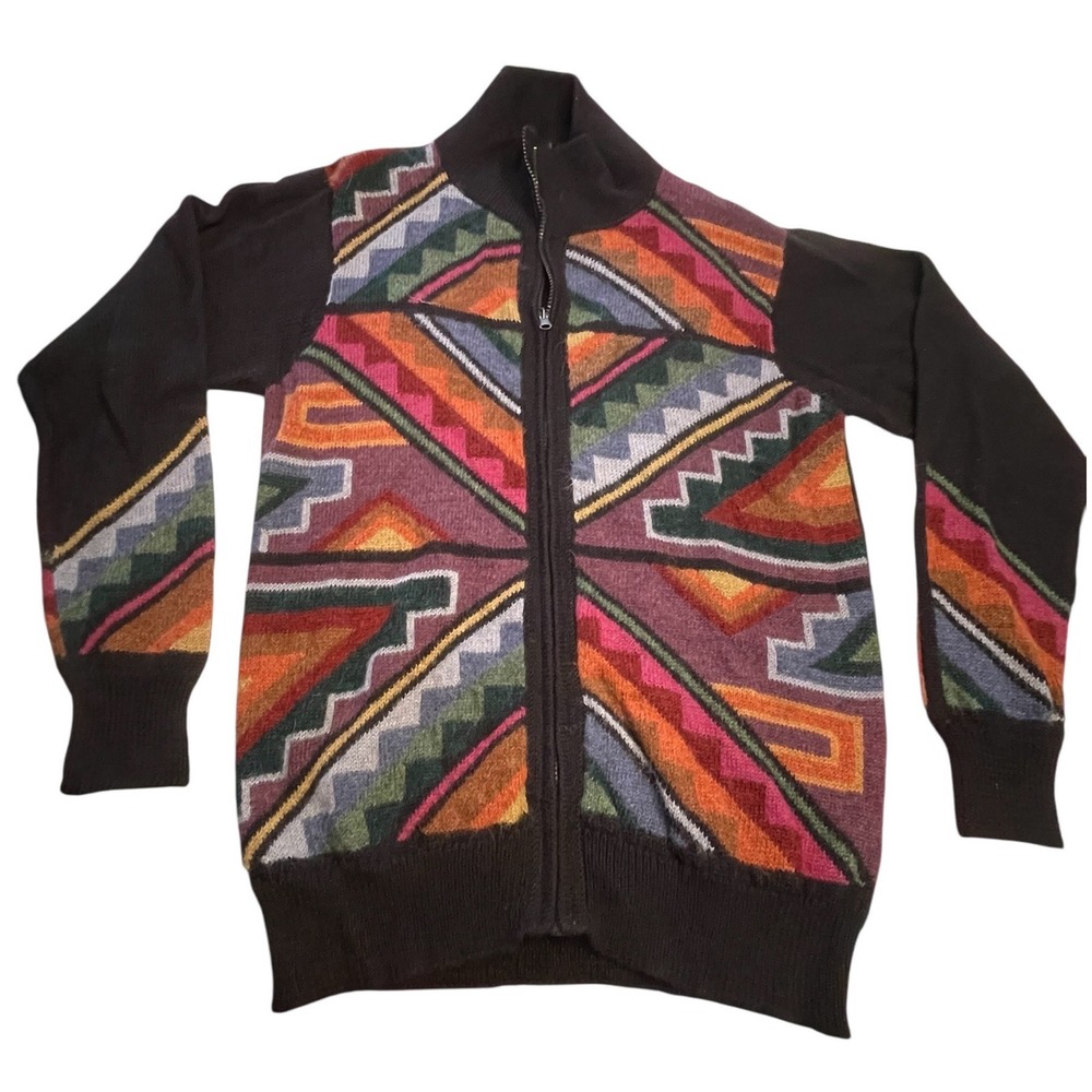 La Vicunita Baby Alpaca‎ Geometric Aztec Full Zip Cardigan Peruvian Size Large